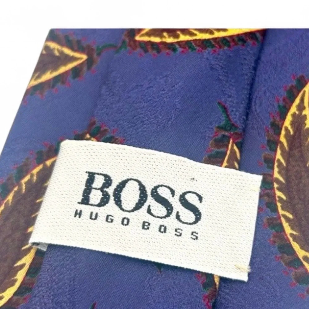 Hugo Boss Silk Tie Blue Purple Leaf Pattern Wide Classic Italy Designer Luxury